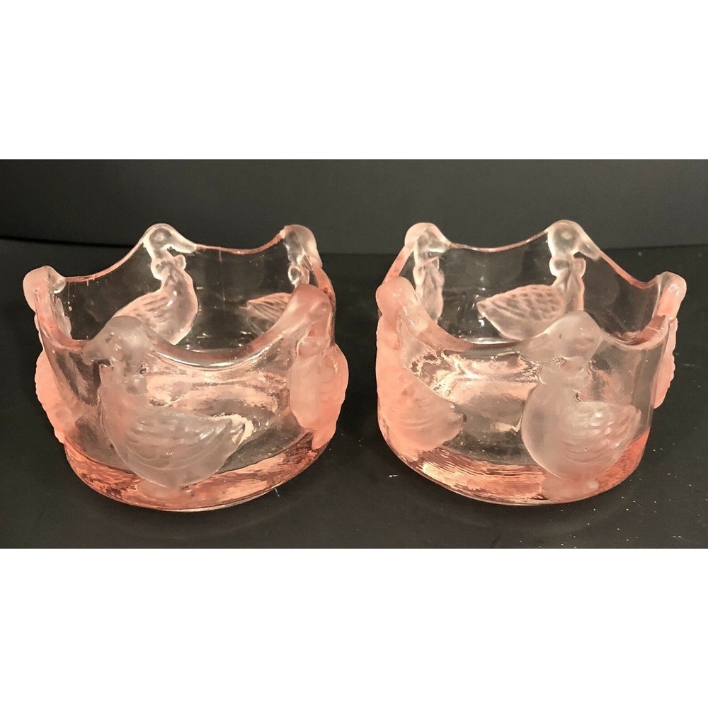 Vintage W Taiwan ROC Pink ART Glass Country Duck Goose Candle Holders Set of 2